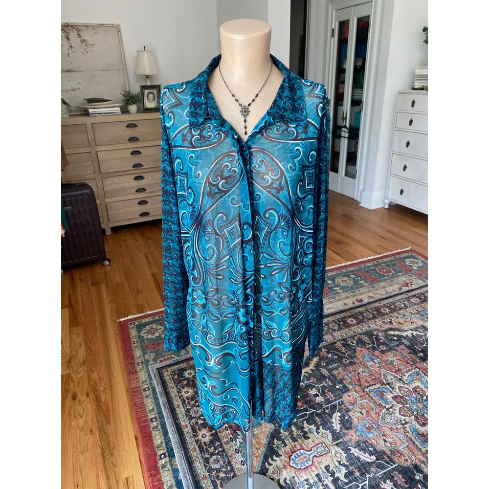 Chico's Travelers Teal Paisley Sheer Mesh Button Down Tunic Shirt Size 3 16/18